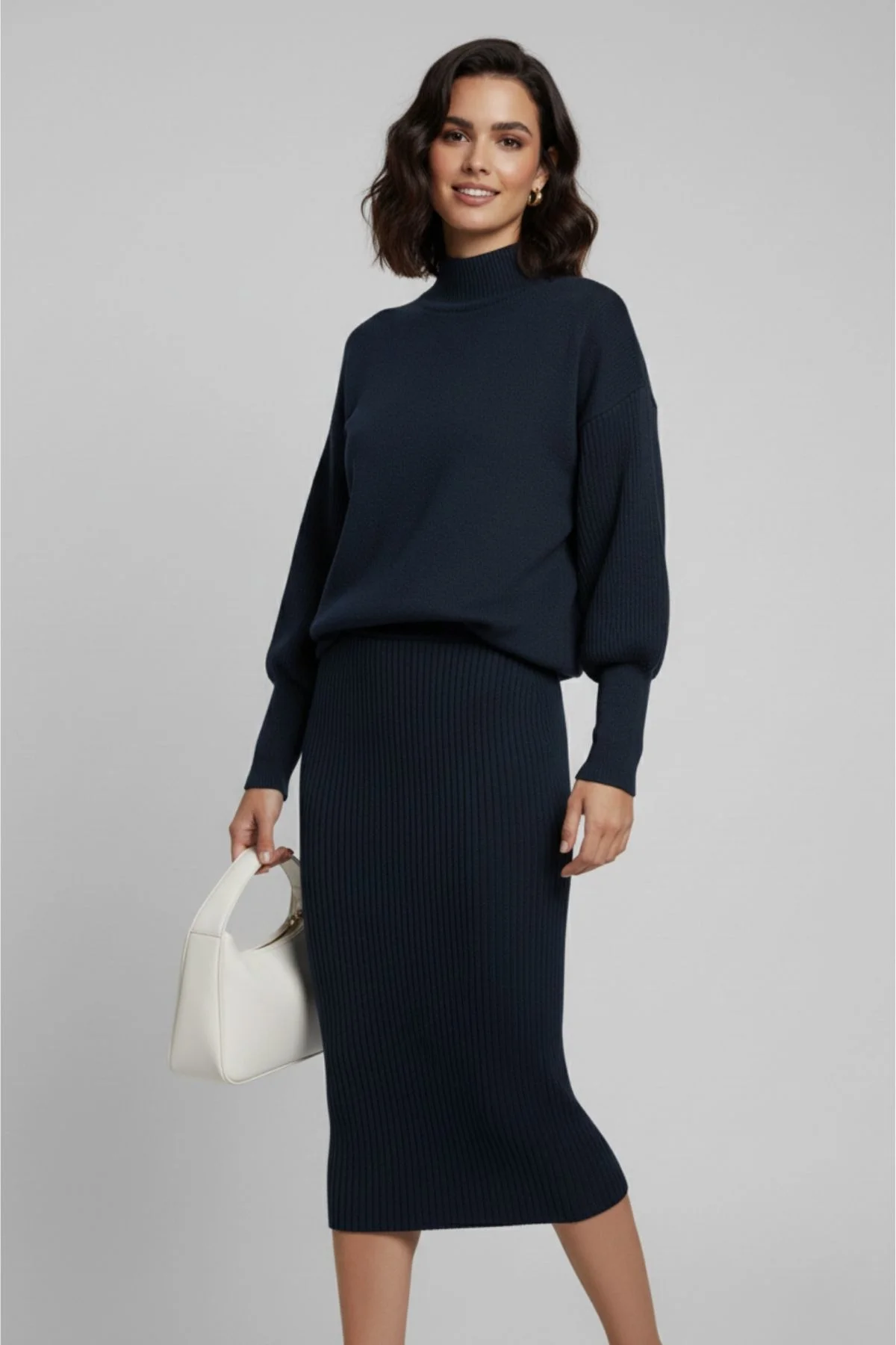 Triko Lacivert Kazak ve Fitilli Elbise İkili Takım