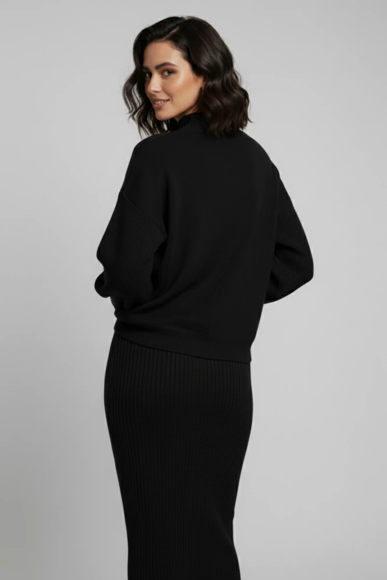 Triko Siyah Kazak ve Fitilli Elbise İkili Takım