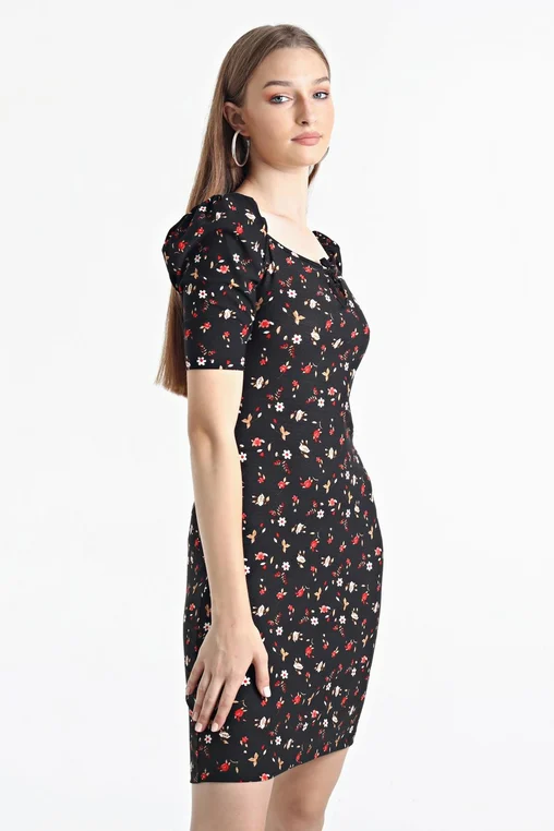 Kadın Siyah Balon Kol Kare Yaka Elbise