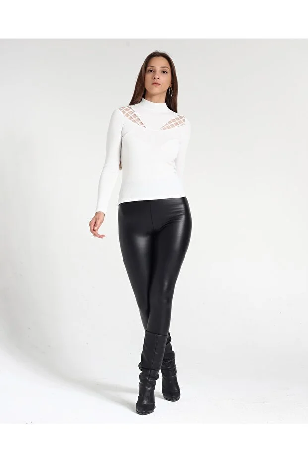 Kadın Desenli Dantel Detaylı Likralı Bluz