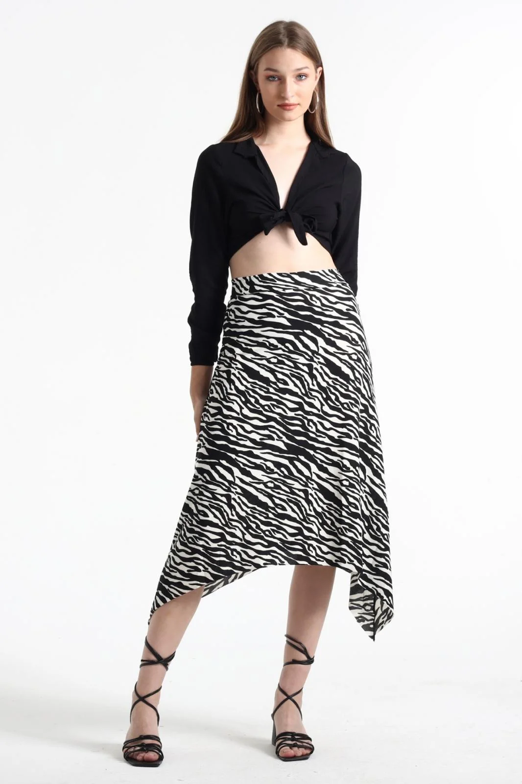 Kadın Belden Oturmalı Çizgili Krep Etek