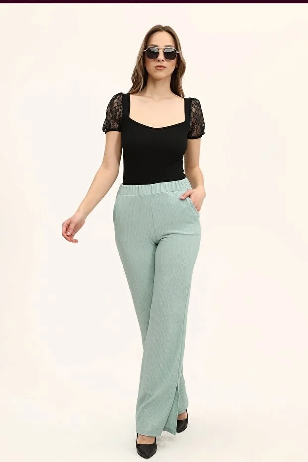 Kadın Siyah Oval Yaka Kollar Dantel Örme Bluz