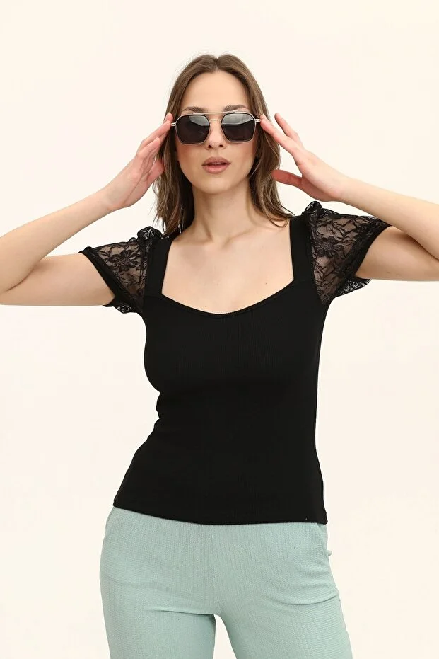 Kadın Siyah Oval Yaka Kollar Dantel Örme Bluz