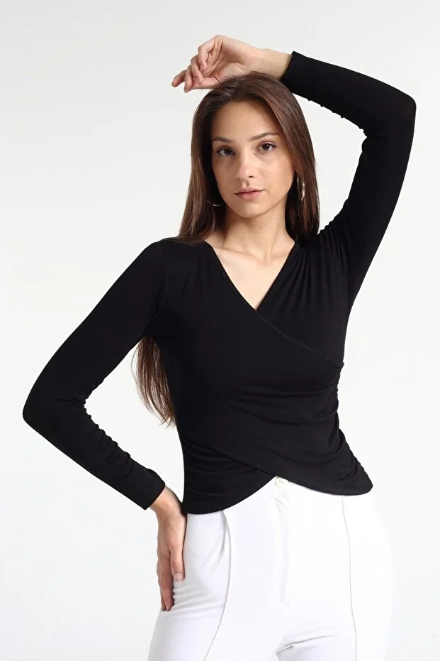 Kadın Siyah Viskon Ön Çapraz Kapama Bluz