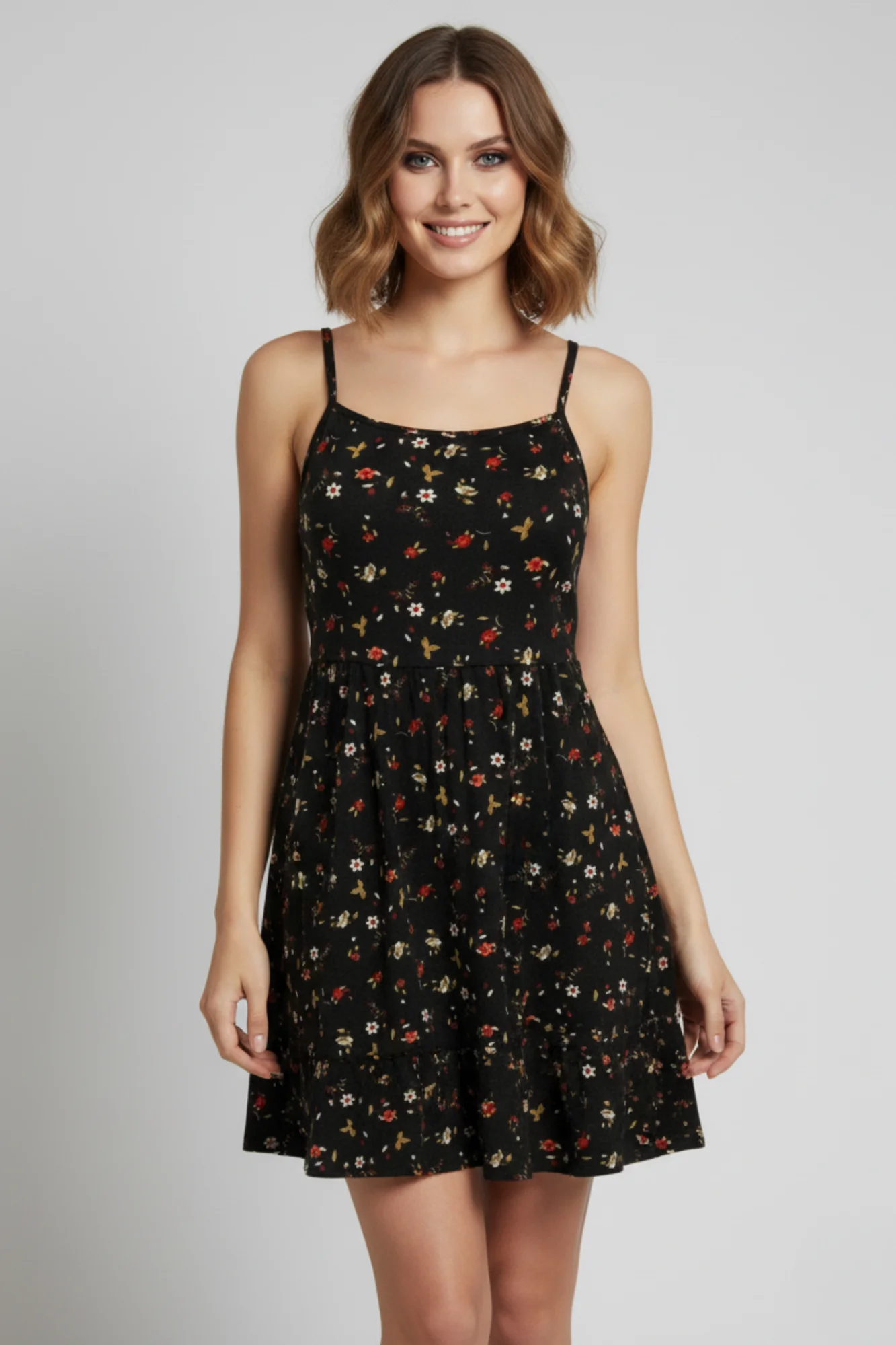 İp Askılı Çiçek Desenli Siyah Krep Mini Elbise