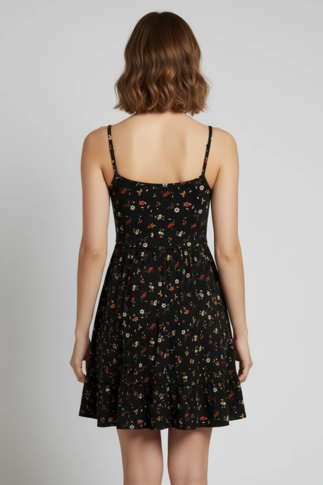 İp Askılı Çiçek Desenli Siyah Krep Mini Elbise