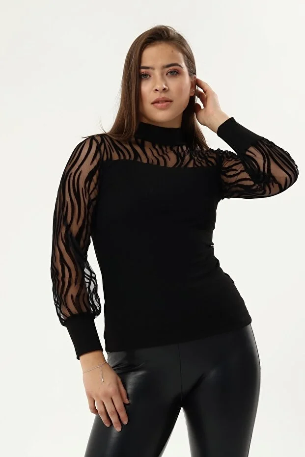 Kadın Kollar Flog Baskılı Tül Detaylı Bluz