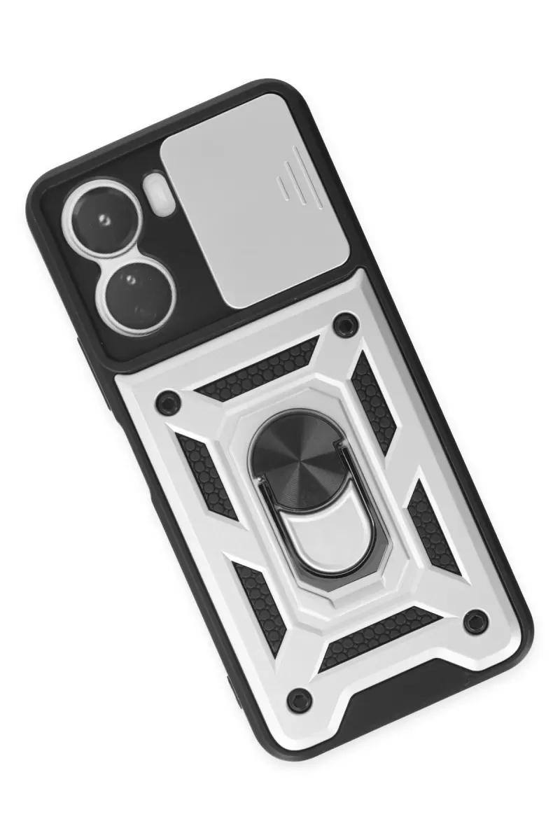 Newface Vivo Y16 Kılıf Pars Lens Yüzüklü Silikon - Gümüş