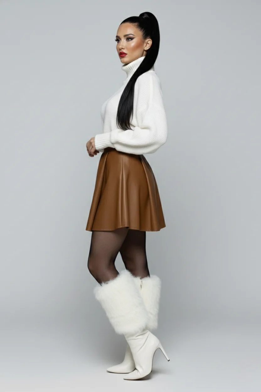 Kadın Taba Deri Pileli Etek