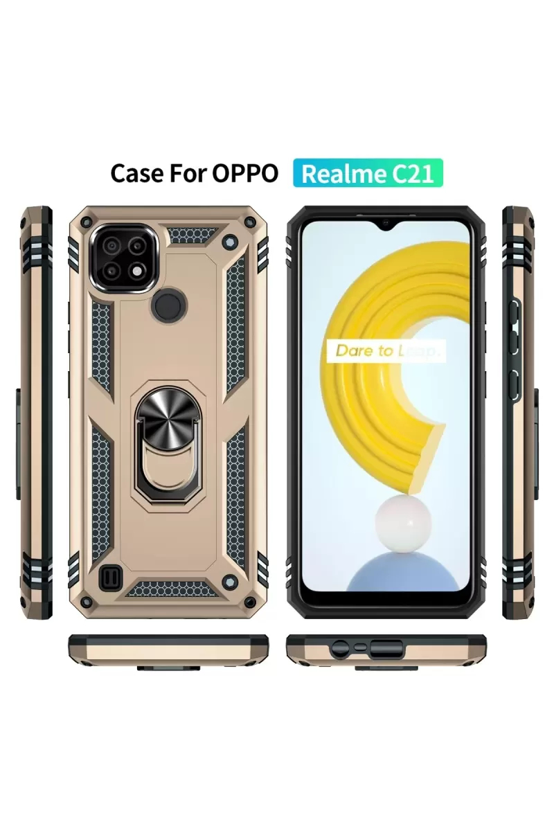 Newface Realme C21 Kılıf Sofya Yüzüklü Silikon Kapak - Gold