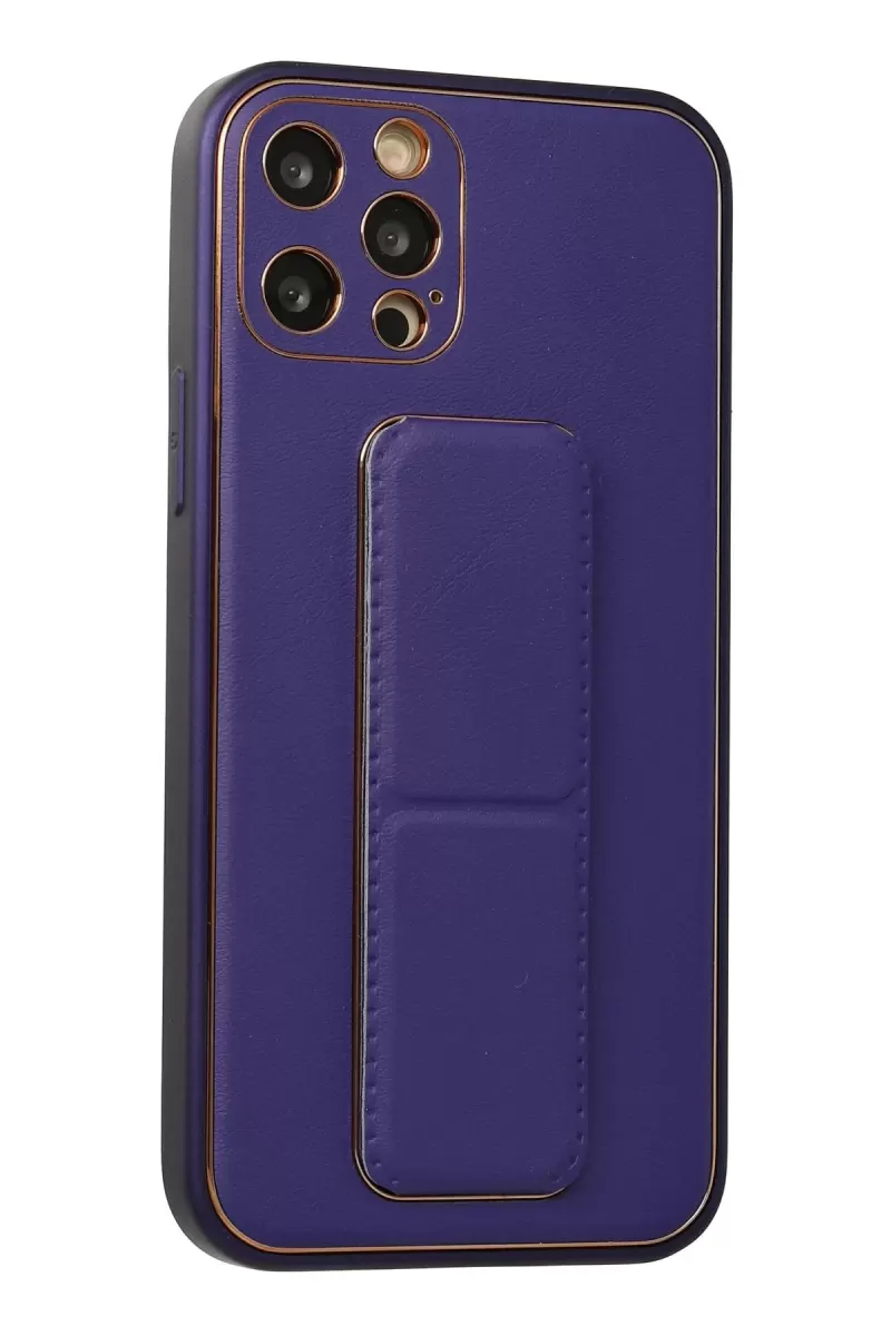 Newface Apple iPhone 12 Pro Kılıf Coco Deri Standlı Kapak - Mor