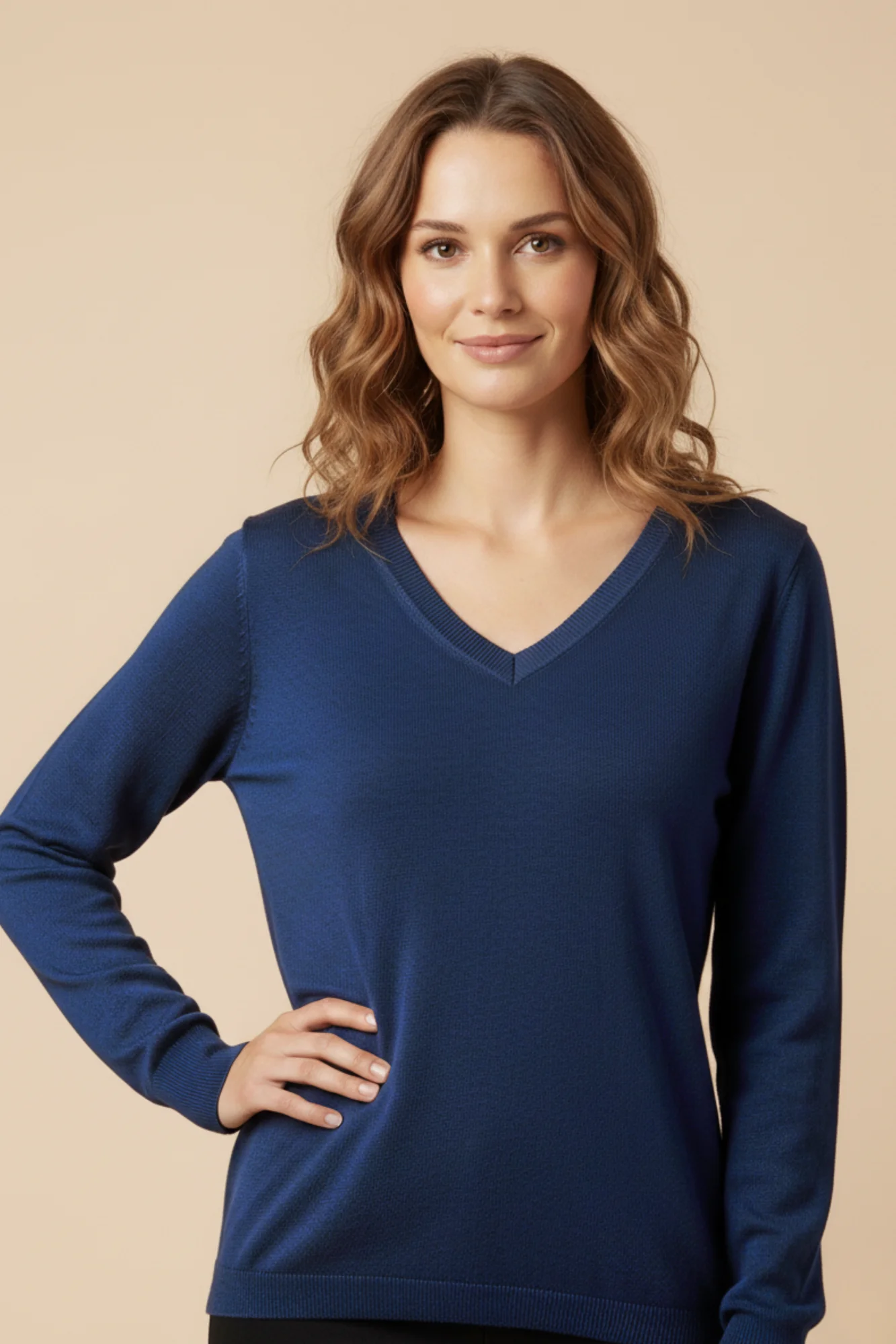 Kadın V Yaka Mavi Triko Kazak