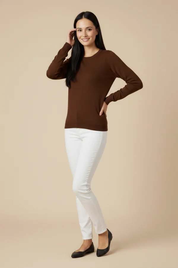 Kadın Kahverengi Triko Yuvarlak Yaka Kazak