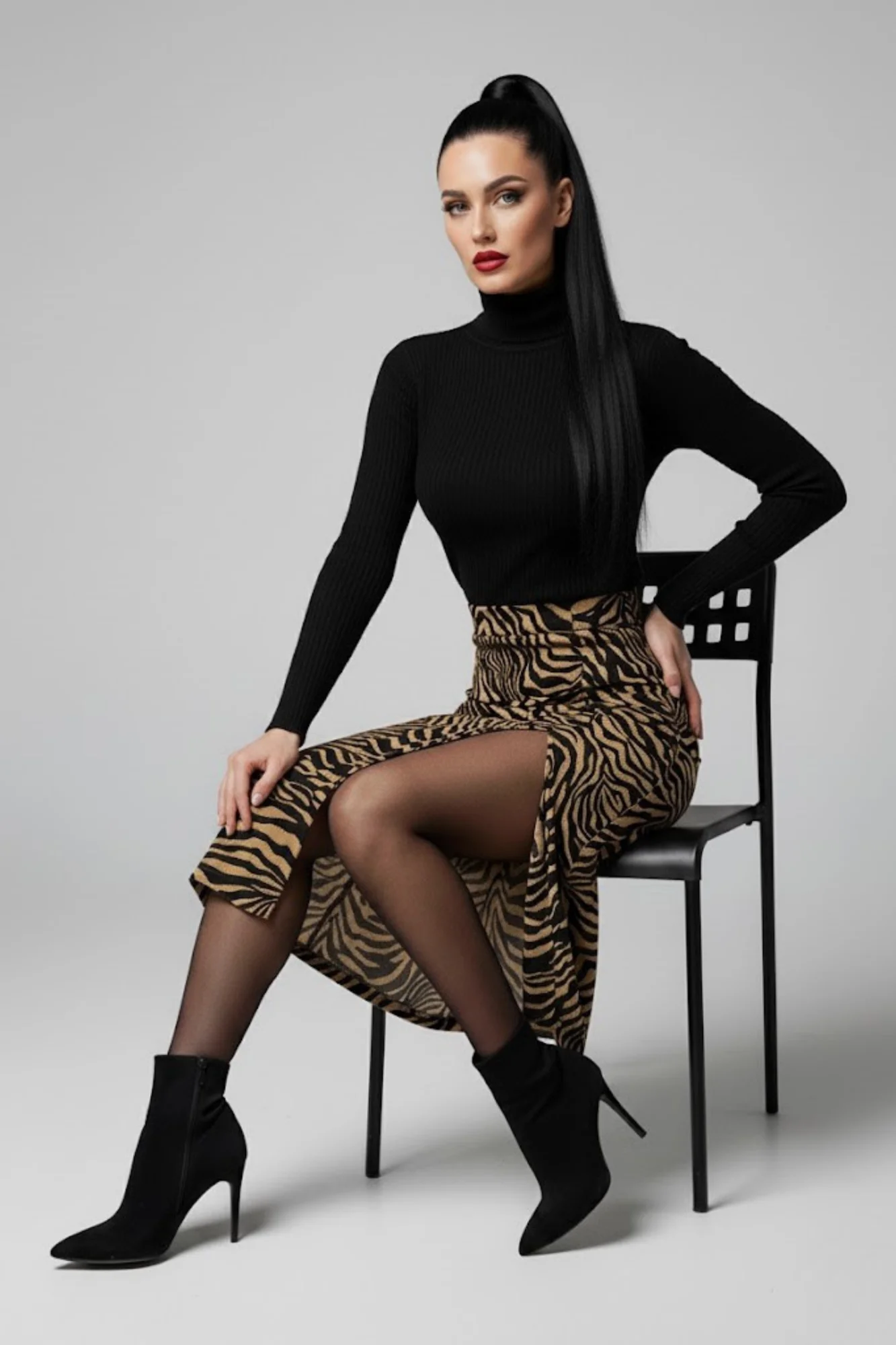 Kadın Yırtmaçlı Kahverengi Zebra Desen Midi Boy Etek