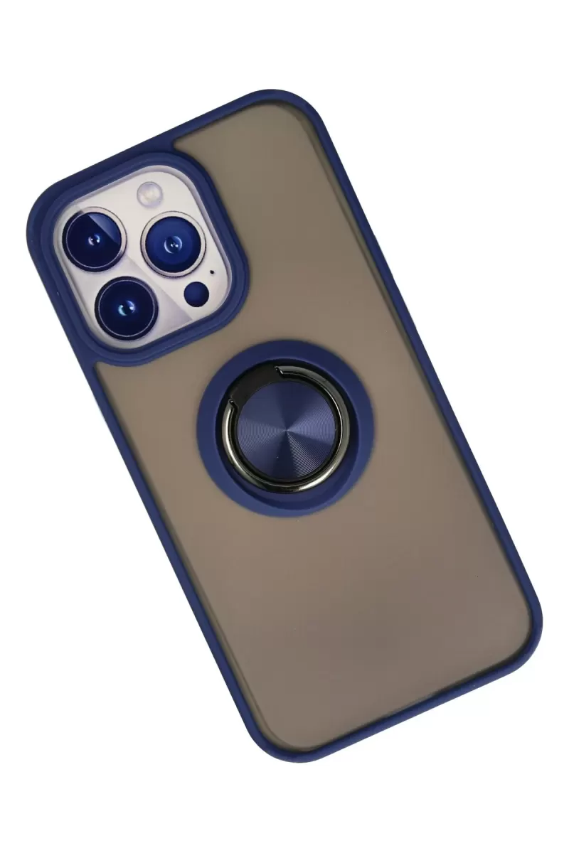 Newface Apple iPhone 13 Pro Max Kılıf Montreal Yüzüklü Silikon Kapak - Lacivert