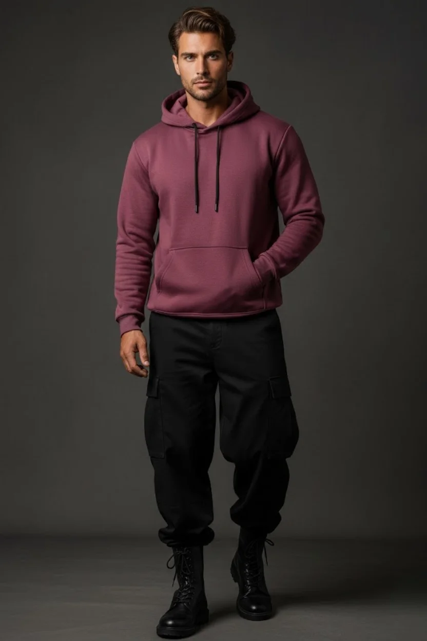 Unisex Kışlık Mürdüm Rengi Üç İplik Şardonlu Pamuklu Kalın Kapüşonlu Hoodie Sweatshirt