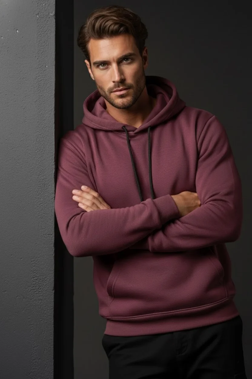 Unisex Kışlık Mürdüm Rengi Üç İplik Şardonlu Pamuklu Kalın Kapüşonlu Hoodie Sweatshirt