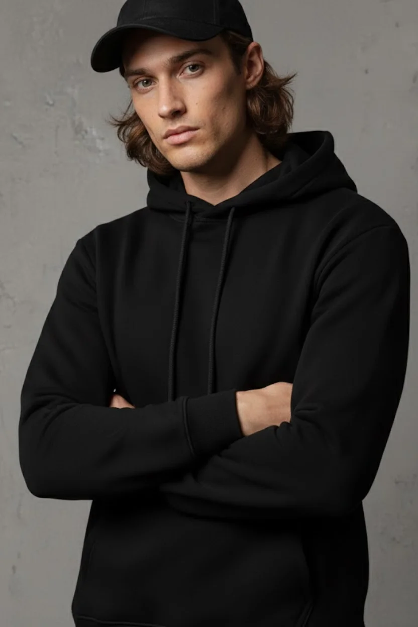 Unisex Kışlık Siyah Üç İplik Şardonlu Pamuklu Kalın Basic Kapüşonlu Hoodie Sweatshirt