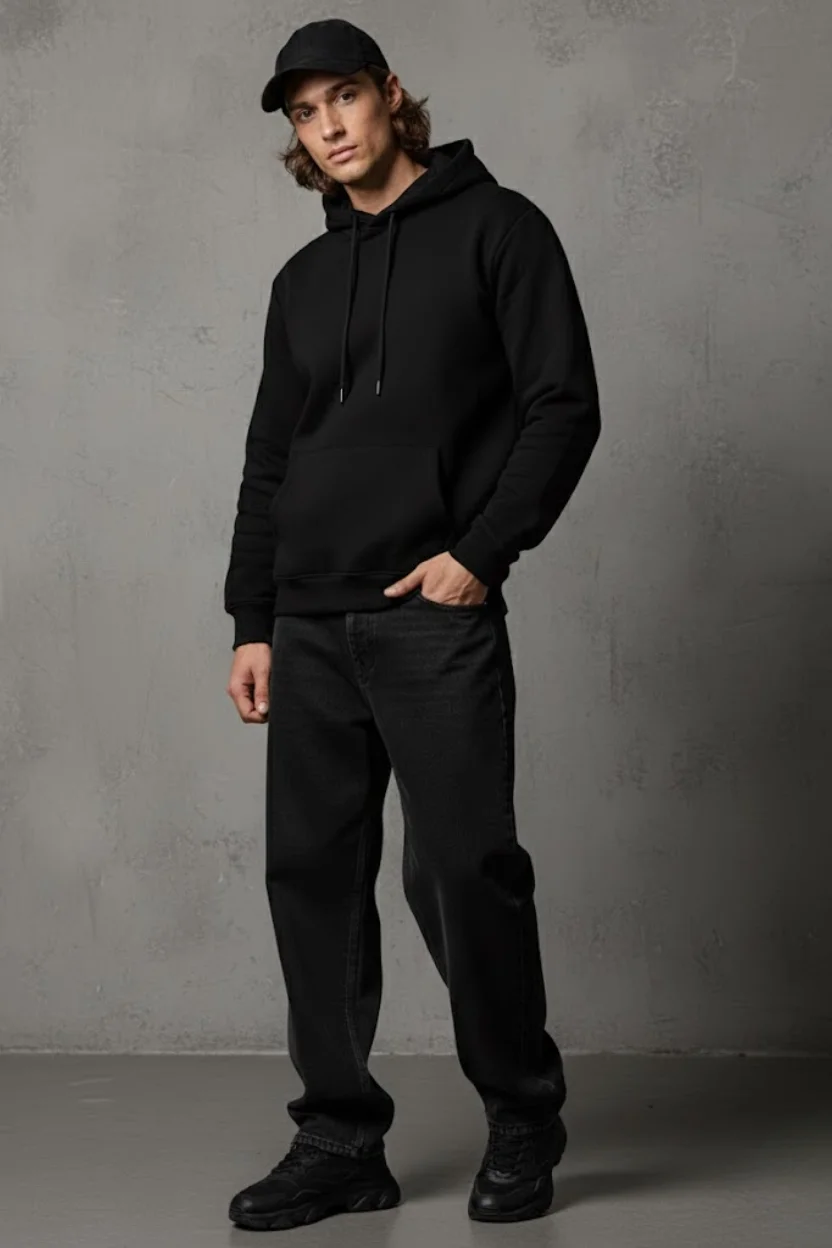 Unisex Kışlık Siyah Üç İplik Şardonlu Pamuklu Kalın Basic Kapüşonlu Hoodie Sweatshirt