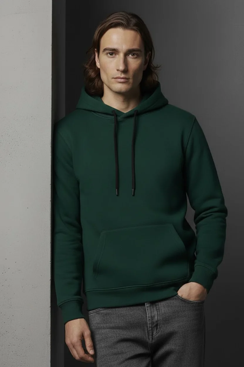 Unisex Kışlık Koyu Yeşil Üç İplik Şardonlu Pamuklu Kalın Basic Kapüşonlu Hoodie Sweatshirt