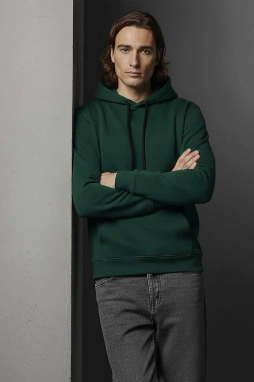 Unisex Kışlık Koyu Yeşil Üç İplik Şardonlu Pamuklu Kalın Basic Kapüşonlu Hoodie Sweatshirt