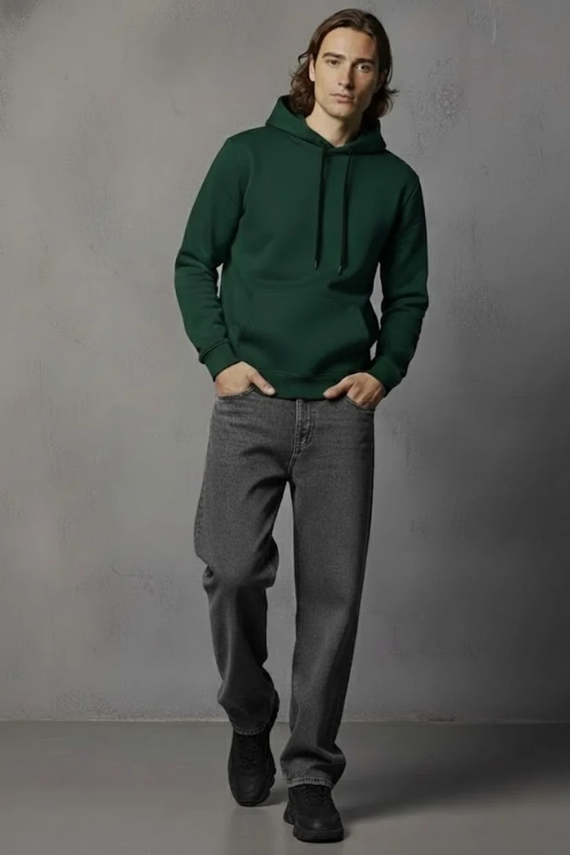 Unisex Kışlık Koyu Yeşil Üç İplik Şardonlu Pamuklu Kalın Basic Kapüşonlu Hoodie Sweatshirt