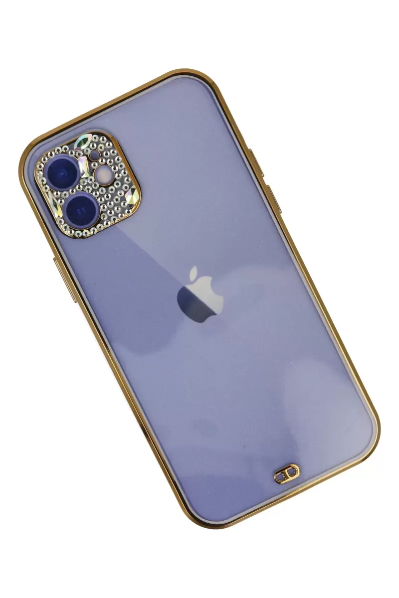 Newface Apple iPhone 12 Kılıf Liva Taşlı Silikon - Mor