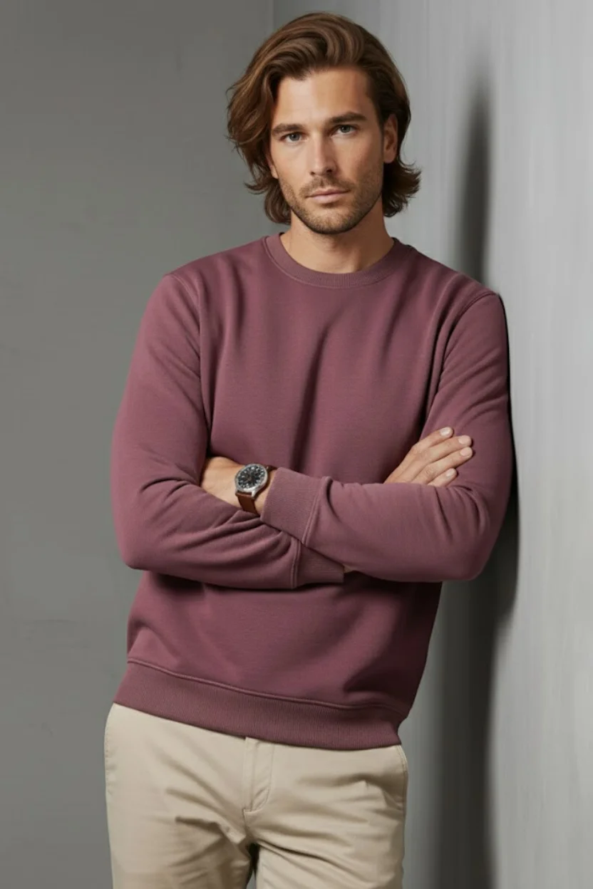 Unisex Kışlık Mürdüm Rengi Üç İplik Şardonlu Kalın Bisiklet Yaka Sweatshirt