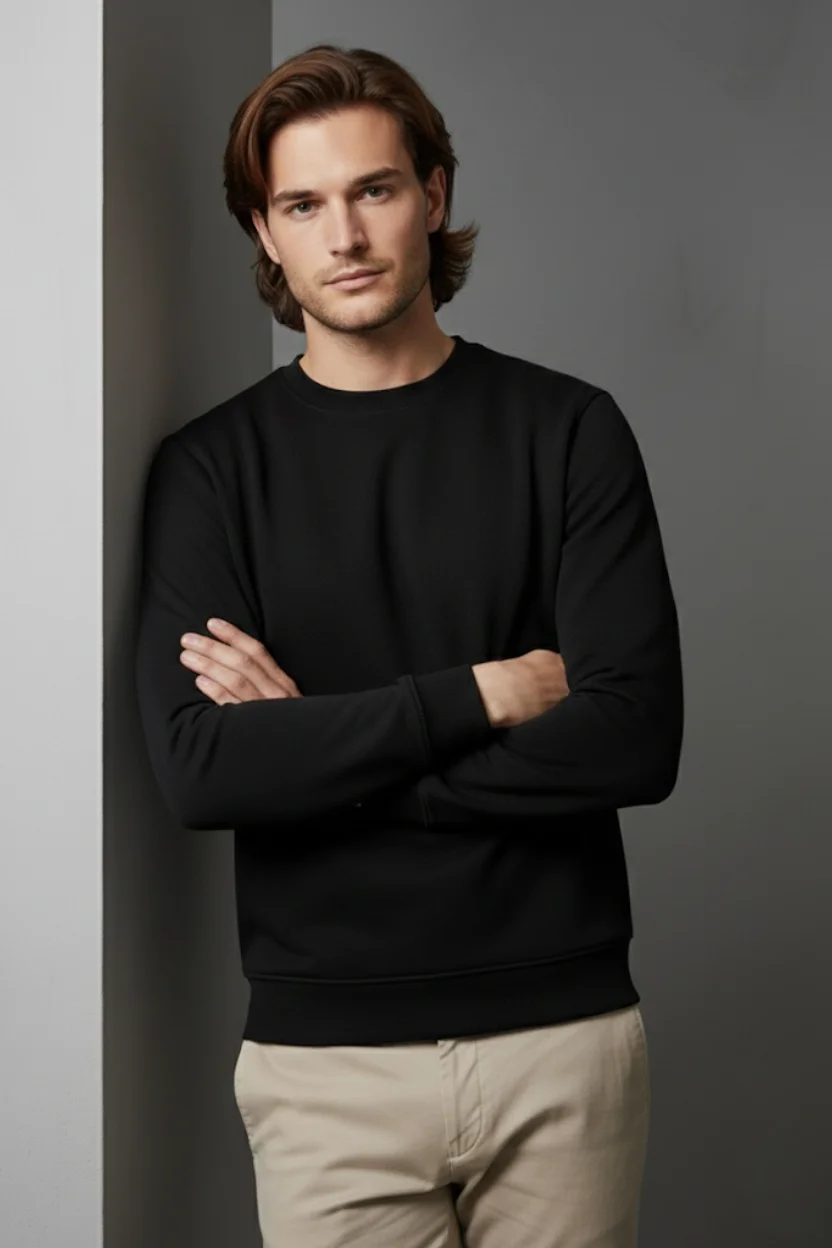 Unisex Kışlık Siyah Üç İplik Şardonlu Kalın Bisiklet Yaka Basic Sweatshirt