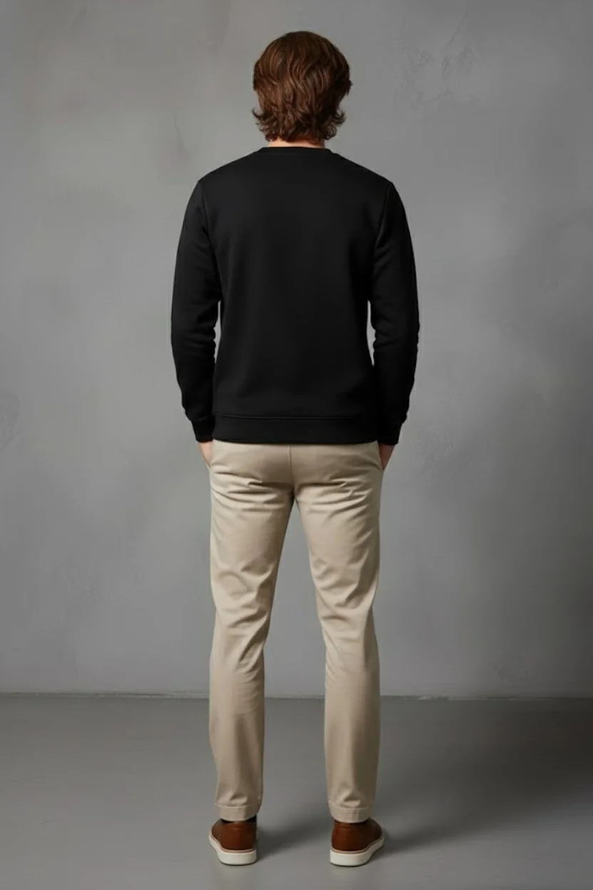 Unisex Kışlık Siyah Üç İplik Şardonlu Kalın Bisiklet Yaka Basic Sweatshirt