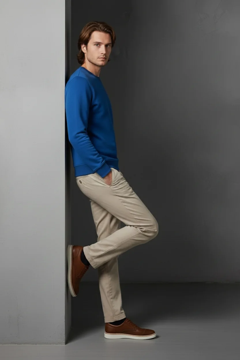 Unisex Kışlık Saks Mavi Üç İplik Şardonlu Kalın Bisiklet Yaka Basic Sweatshirt