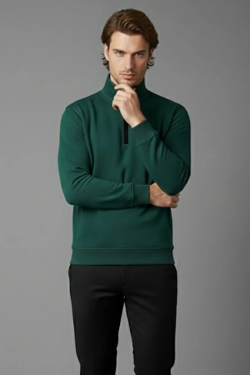 Unisex Kışlık Koyu Yeşil Yarım Fermuarlı Dik Yaka 2 İplik Basic Sweatshirt