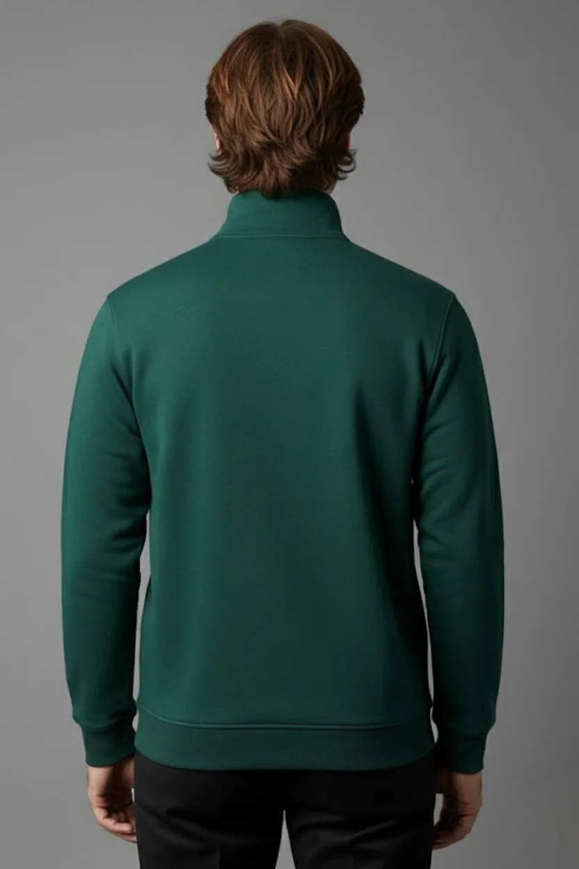 Unisex Kışlık Koyu Yeşil Yarım Fermuarlı Dik Yaka 2 İplik Basic Sweatshirt