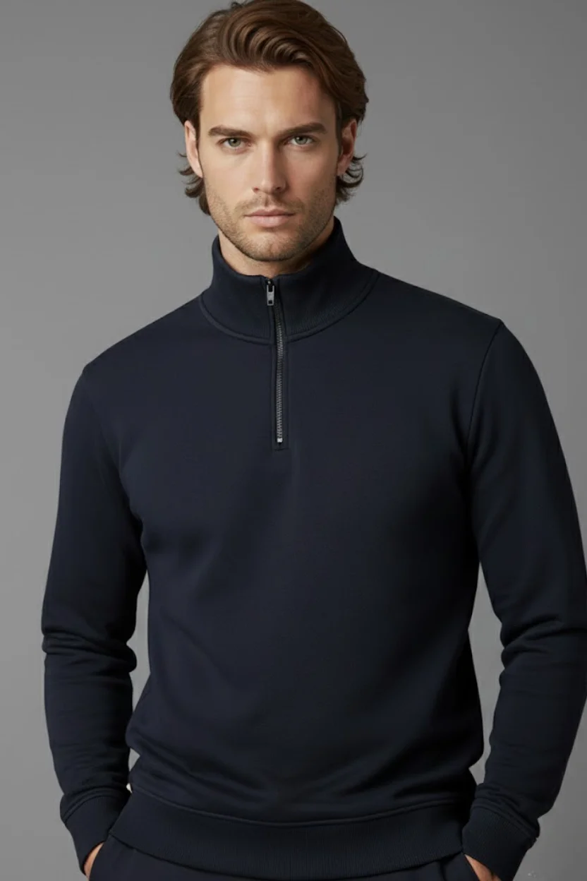 Unisex Kışlık Lacivert Yarım Fermuarlı Dik Yaka 2 İplik Basic Sweatshirt