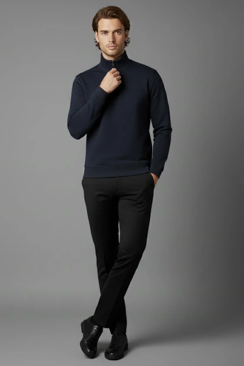 Unisex Kışlık Lacivert Yarım Fermuarlı Dik Yaka 2 İplik Basic Sweatshirt