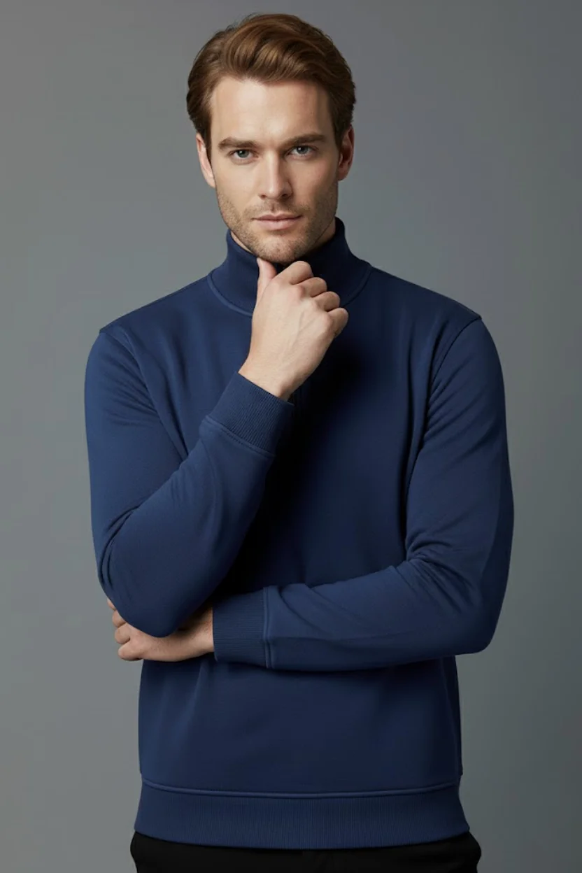 Unisex Kışlık Mavi Yarım Fermuarlı Dik Yaka 2 İplik Basic Sweatshirt