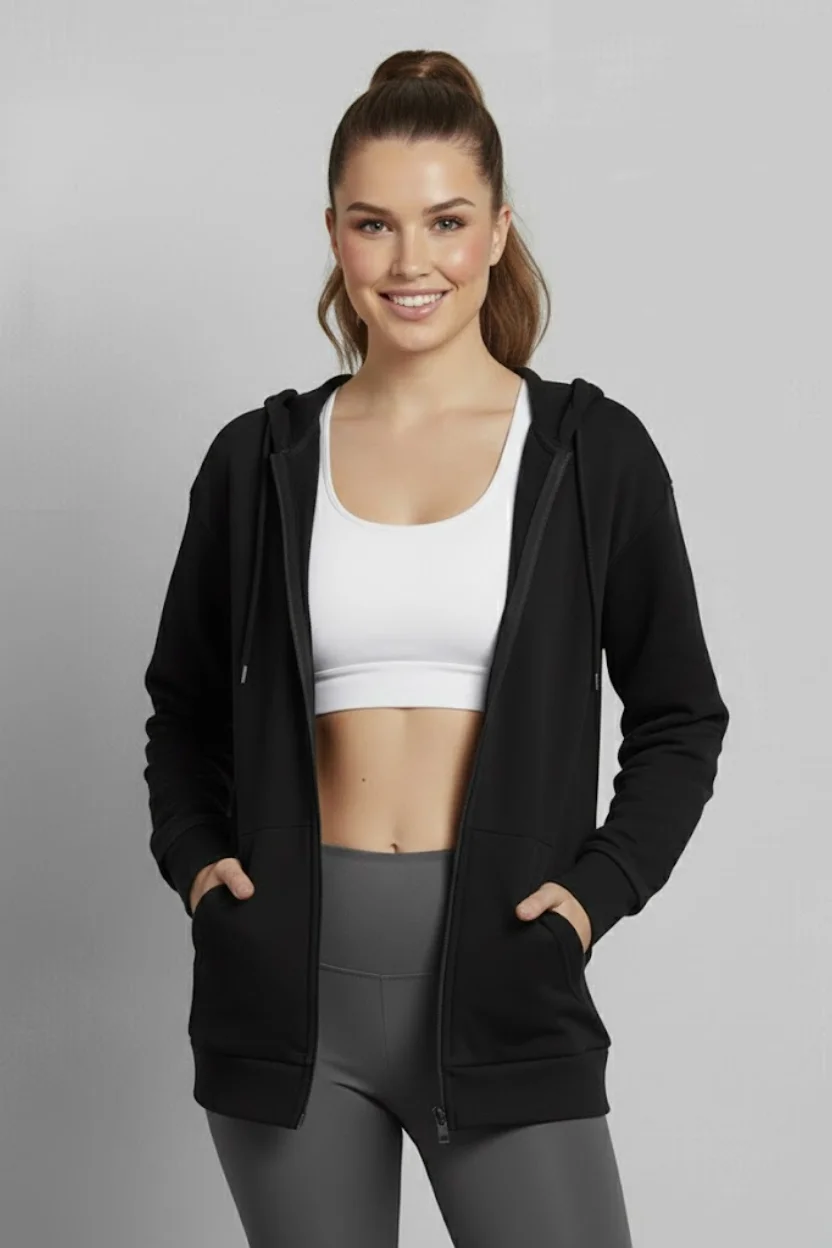 Unisex Siyah Oversize Kalıp 2 İplik Kapüşonlu Fermuarlı Sweatshirt Ceket Hırka