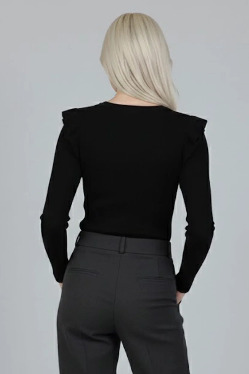 Siyah Kaşkorse Uzun Kollu Fırfırlı Omuz Detaylı Pamuklu Ribana Bluz