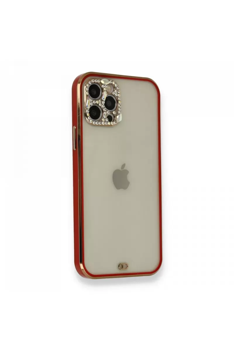 Newface Apple iPhone 12 Pro Kılıf Liva Taşlı Silikon - Kırmızı