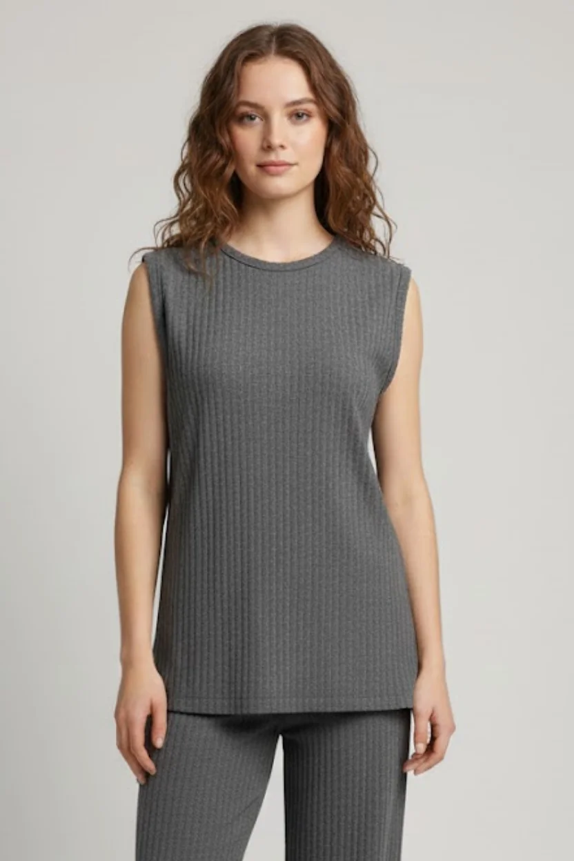 Kadın Gri Ribanalı Üçlü Takım Uzun Hırka Bisiklet Yaka Bluz Lastikli Boru Paça Pantolon