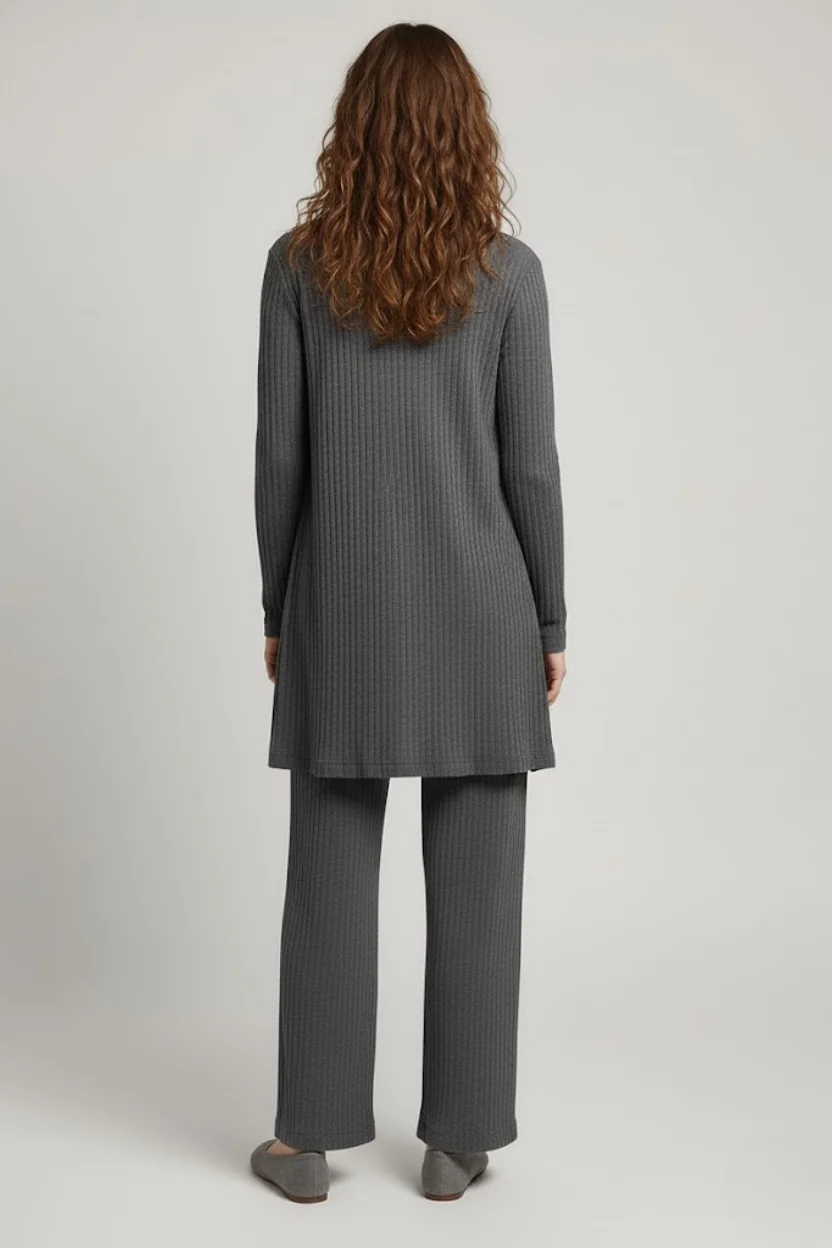 Kadın Gri Ribanalı Üçlü Takım Uzun Hırka Bisiklet Yaka Bluz Lastikli Boru Paça Pantolon