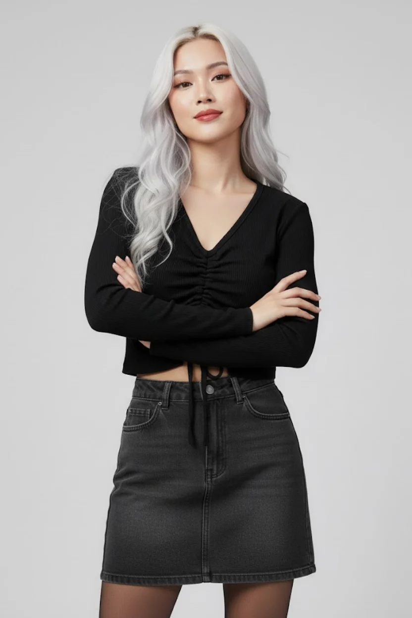 Siyah Uzun Kollu Kaşkorse Crop Bluz Büzgülü V Yaka