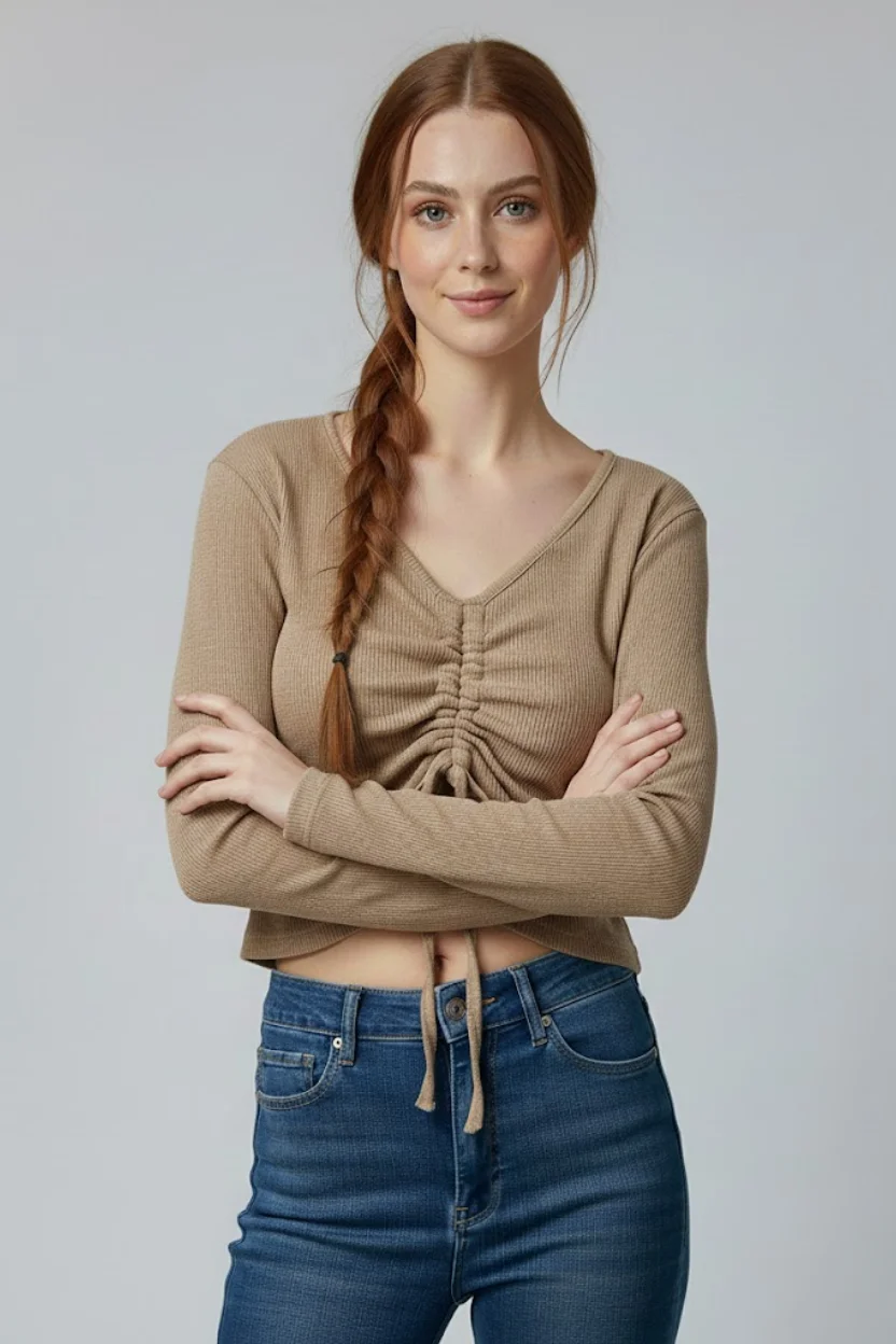 Sütlü Kahve Uzun Kollu Kaşkorse Crop Bluz Büzgülü V Yaka