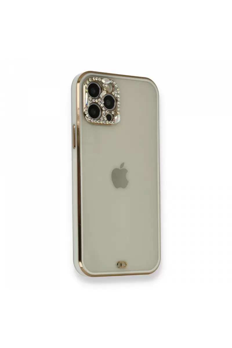 Newface Apple iPhone 12 Pro Kılıf Liva Taşlı Silikon - Beyaz