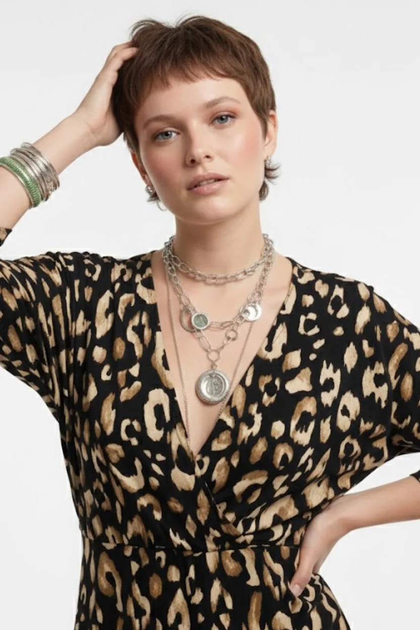 Kadın Siyah Leopar Desenli Bürümcük Dokuma Kruvaze Yaka Yarasa Kol Önü Yırtmaçlı Midi Elbise