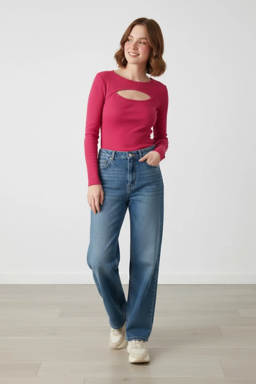 Kadın Pembe Pamuklu Kaşkorse Pencere Yaka Cut Out Detaylı Uzun Kollu Slim Fit Bluz