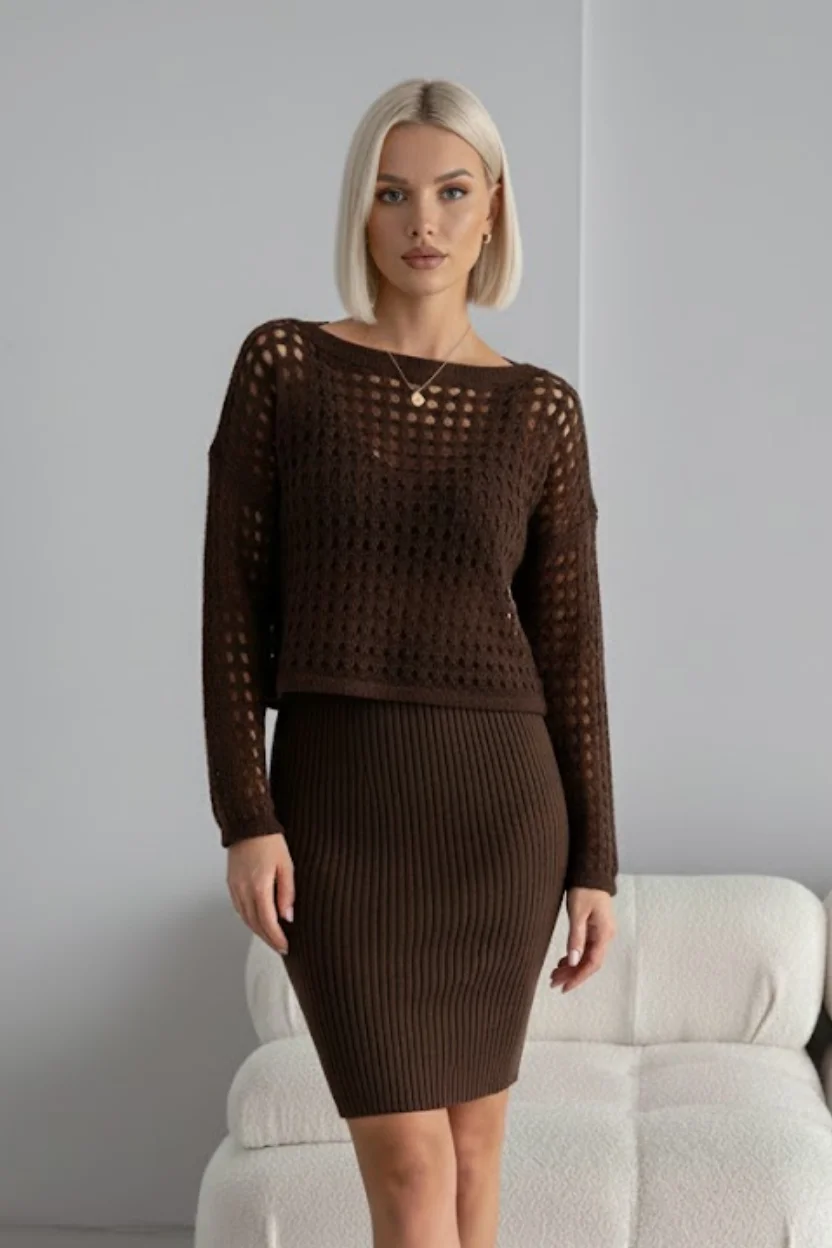 Kadın Kahverengi Ajurlu Delikli Kazak ve Fitilli Triko Elbise İkili Takım - Yumuşak Dokulu Örme Alt Üst Takım