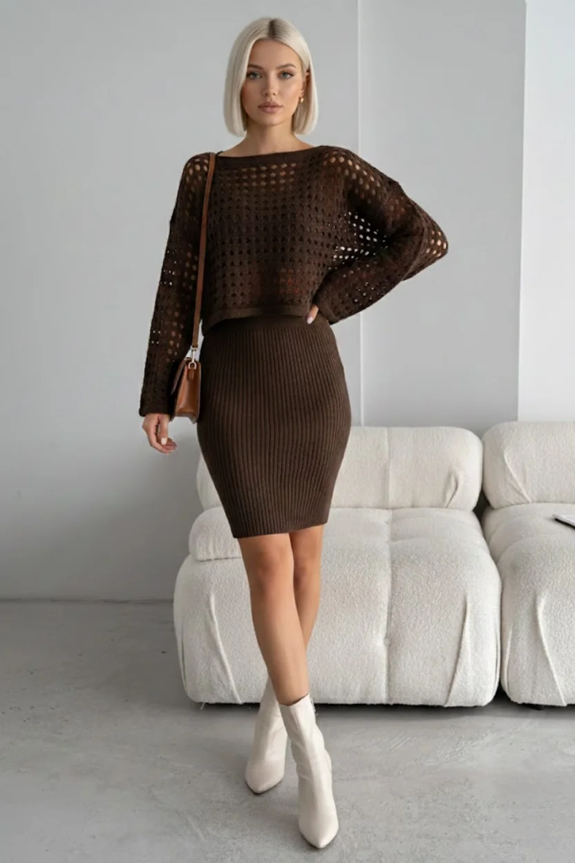 Kadın Kahverengi Ajurlu Delikli Kazak ve Fitilli Triko Elbise İkili Takım - Yumuşak Dokulu Örme Alt Üst Takım