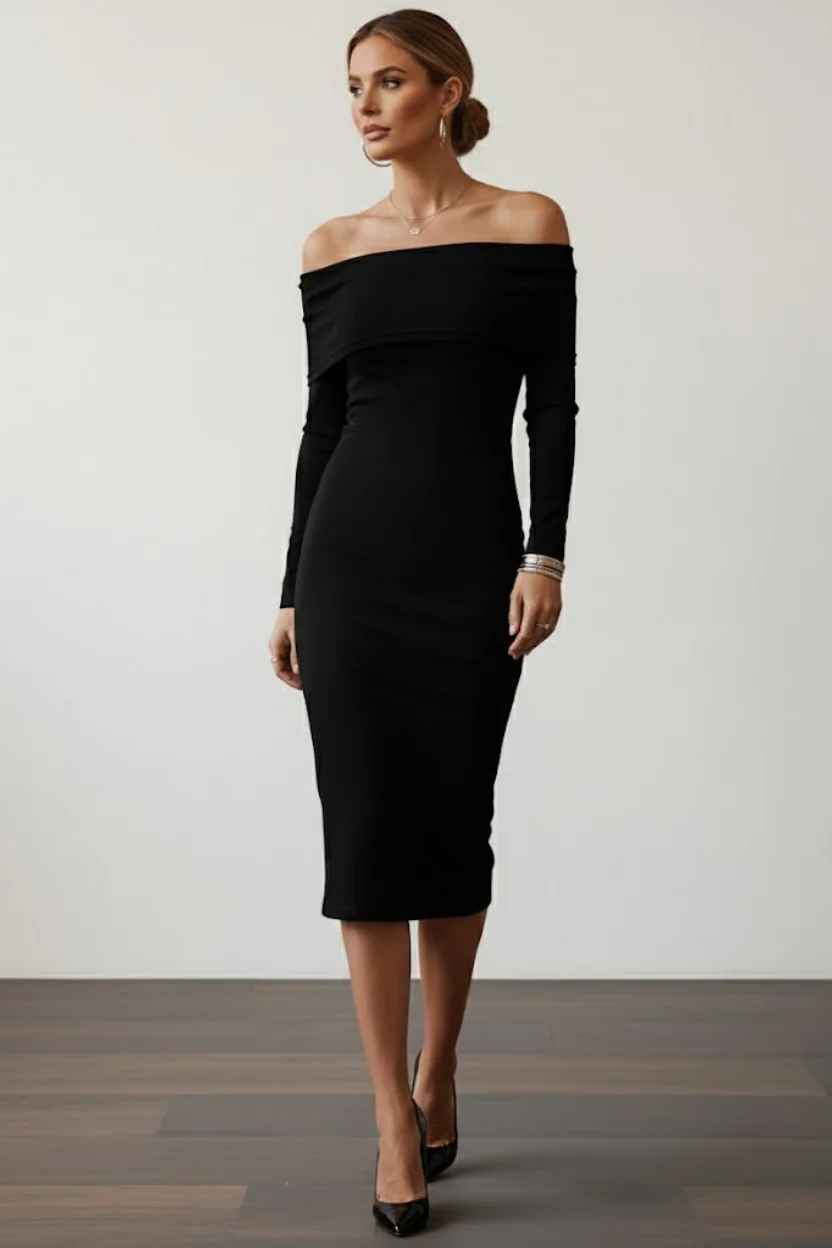 Kadın Siyah Madonna Yaka Sandy Kumaş Esnek Midi Boy Uzun Kollu Elbise