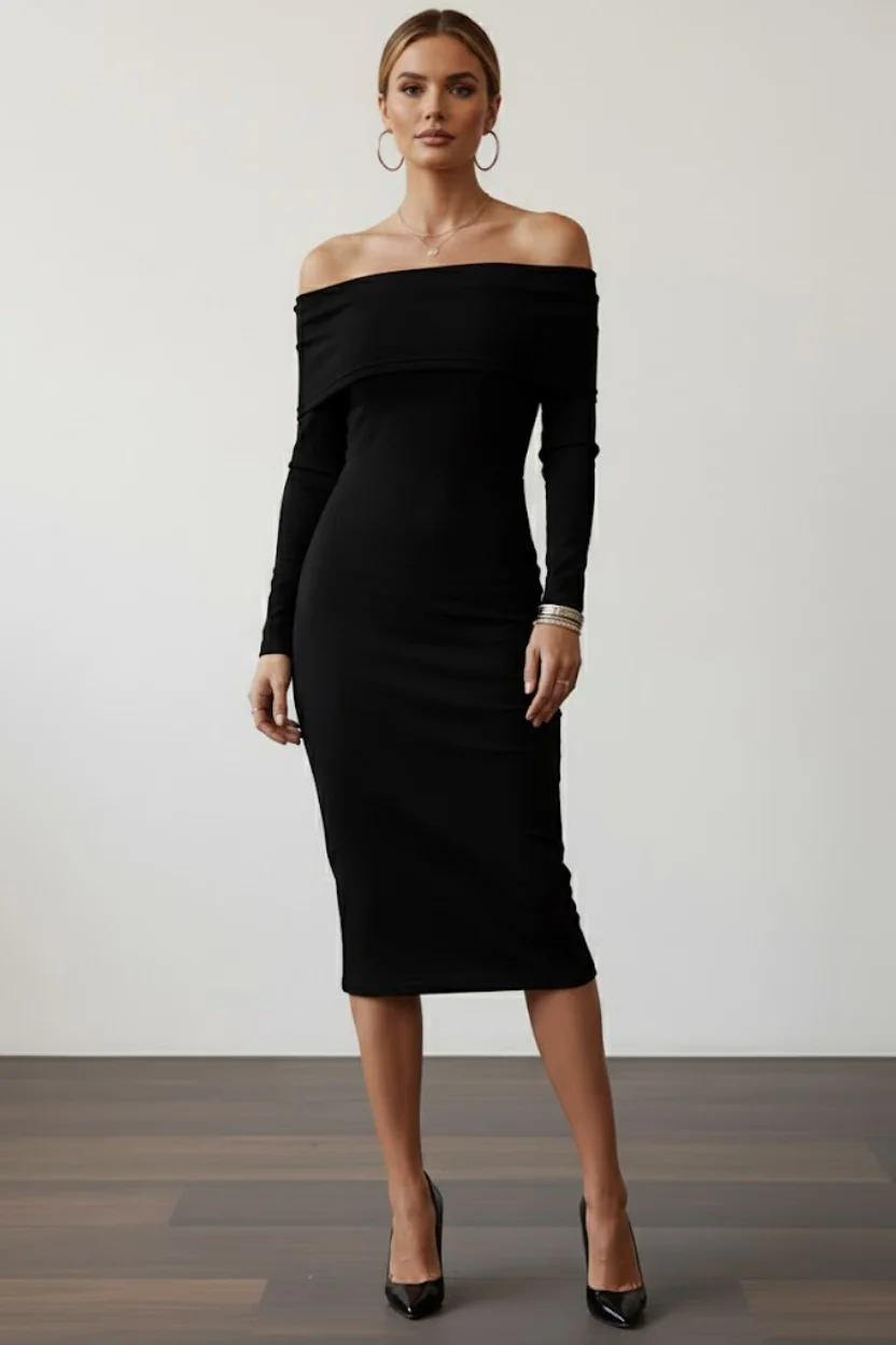 Kadın Siyah Madonna Yaka Sandy Kumaş Esnek Midi Boy Uzun Kollu Elbise